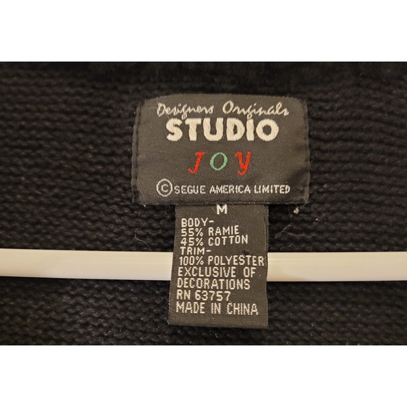 Studio Joy Sweater Cardigan Women M Black Beaded Christmas Trees Faux Fur Collar - Picture 6 of 11